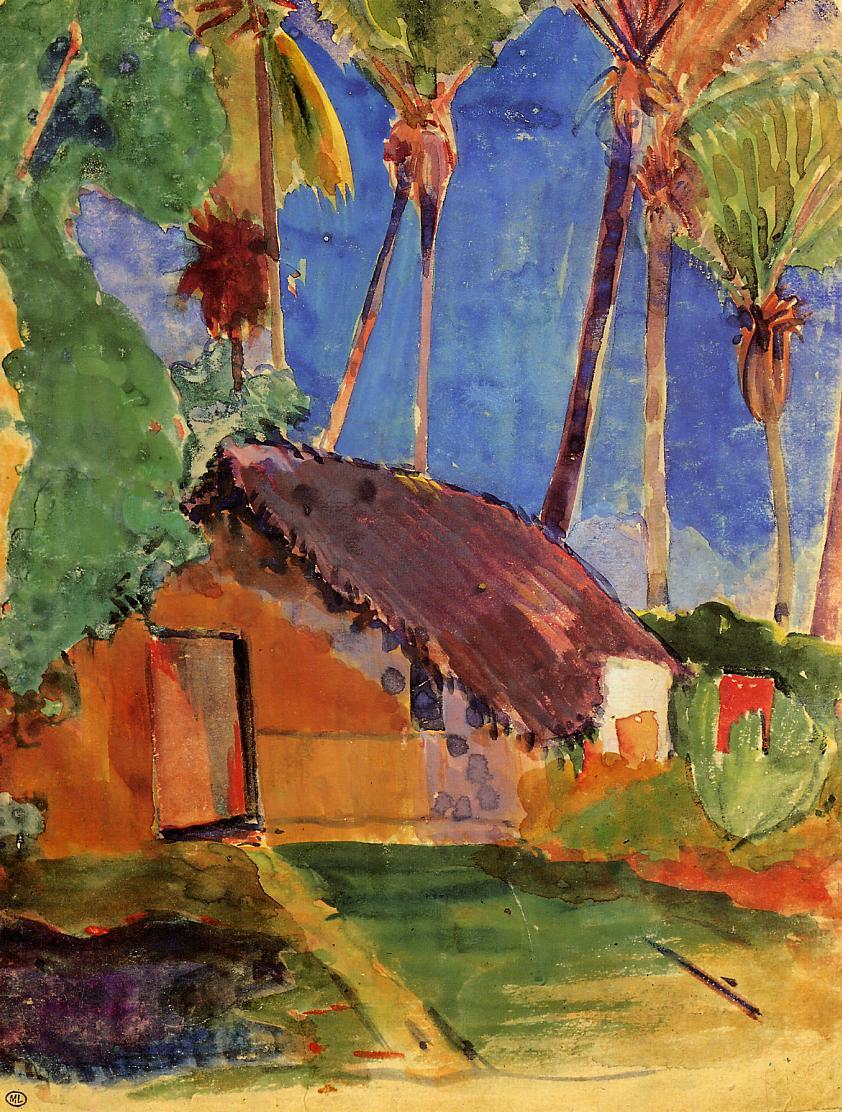 Thatched Hut under Palm Trees - Paul Gauguin Painting